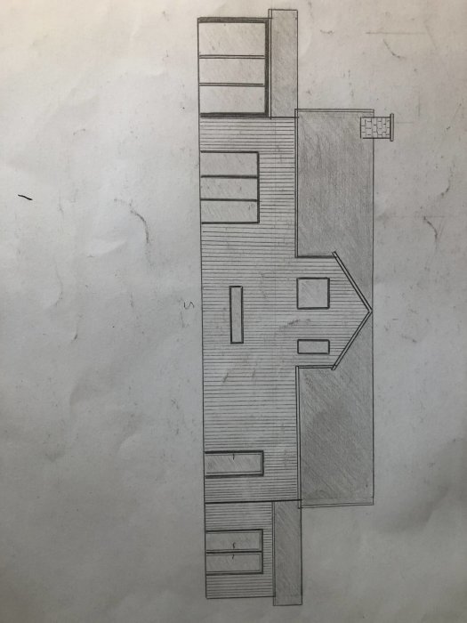 Handritad skiss av en byggnadsplan med olika rum och sektioner markerade.
