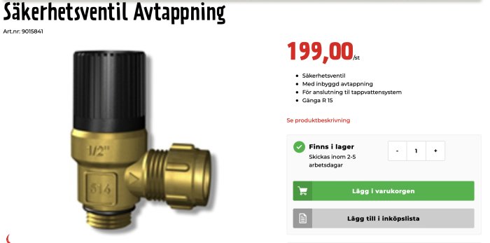 Ny 9 bars säkerhetsventil för kallvatten, lin och packningspasta, köpt för byggprojekt.