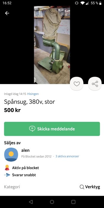 Spånsug i en verkstad med grön ledningsrör och beige uppsamlingspåse; visas i en försäljningsannons.