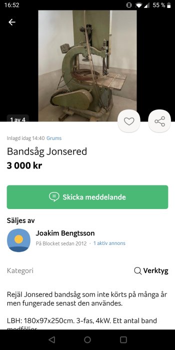 Använd begagnad bandsåg av märket Jonsered i ett verkstadsrum.