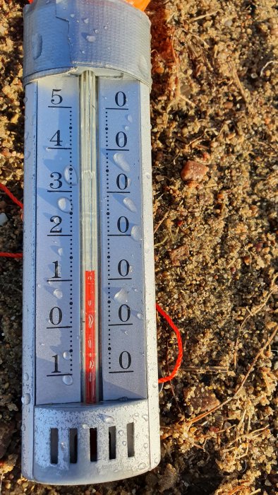 Termometer som visar 2 grader Celsius liggandes på marken.