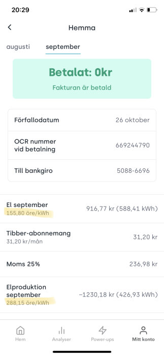 Skärmdump av en elräkning för september med specifikation av elpris, abonnemang och elproduktionsavdrag.