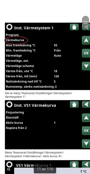 Skärmdump av inställningsmeny för värmesystem, "Värmekurva" markerat med röd cirkel.