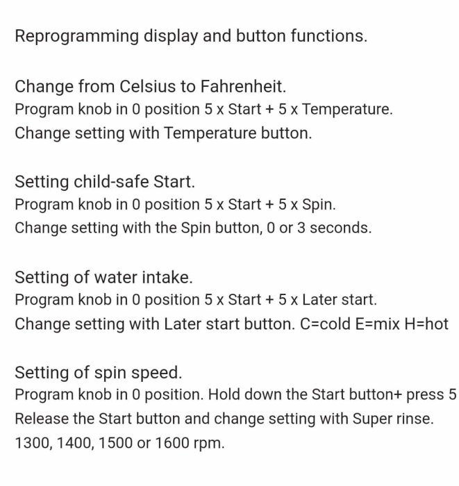 Skärmdump av instruktioner för omprogrammering av tvättmaskinsdisplay och knappfunktioner, inklusive temperatur och varvinställningar.