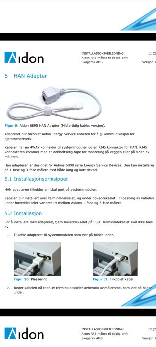 Instruktionsmanual för HAN-adapter från Aidon visar bilder på en adapterkabel och anslutning till en energimätare.