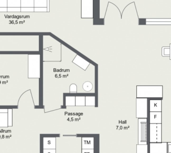 Ritning av lägenhetslayout som visar vardagsrum, badrum, passage och hall med måttangivelser.