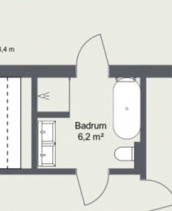 Planritning av ett badrum på 6,2 kvadratmeter med dusch, handfat och toalett.