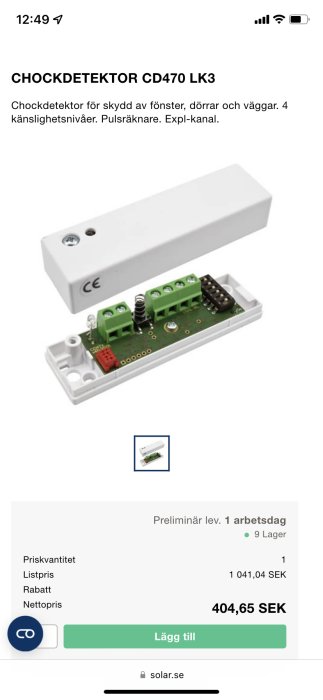 Öppen chockdetektor CD470 LK3 för skydd av fönster och dörrar med kretskort och anslutningsterminaler.