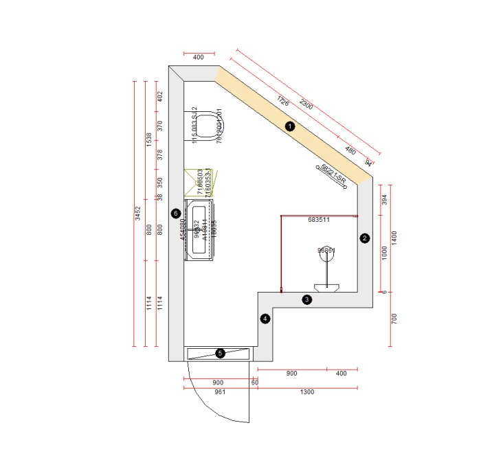 Ritning av badrumsplan med dusch i hörnet, toalett och kommod längs väggen, mätningar angivna.