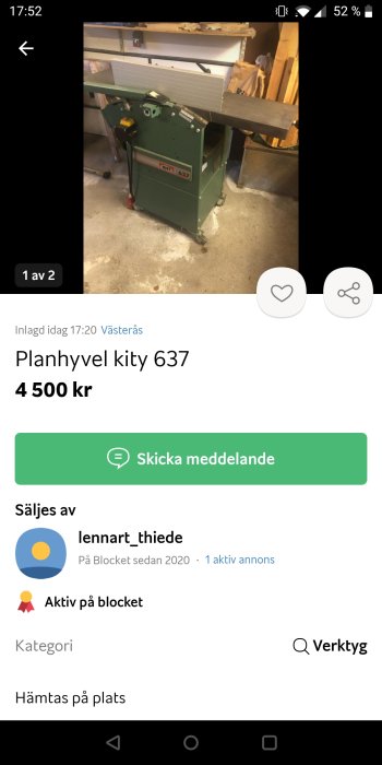 Grön planhyvel Kity 637 till salu i verkstadslokalis.