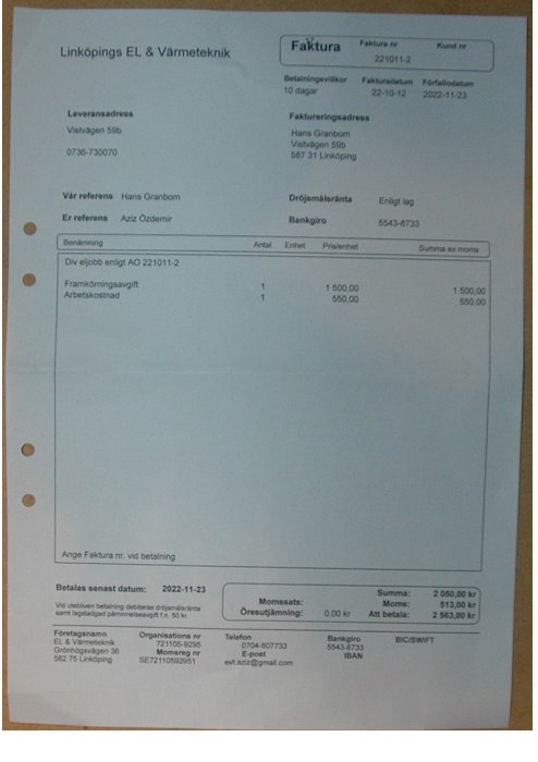 Faktura från Linköpings EL & Värmeteknik med raderna för framkörningsavgift och arbetskostnad.