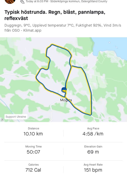 Karta över löprunda med statistik: distans 10.10 km, tid 50:07 min, elevationsökning 69 m.