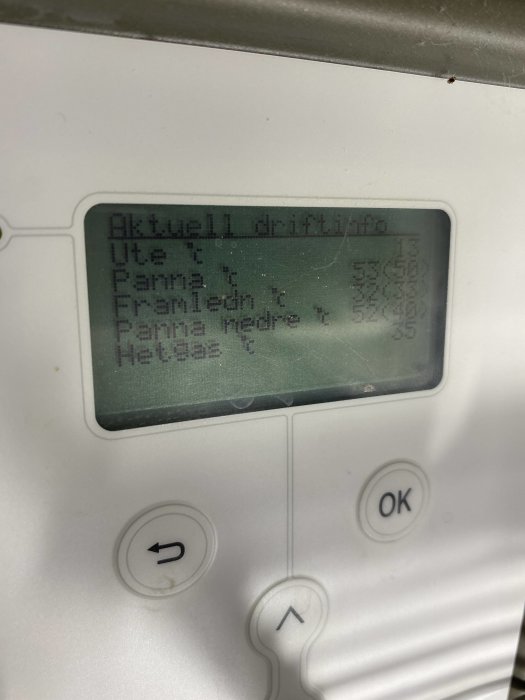 Display av värmeanläggning som visar aktuell driftinformation och temperaturinställningar.