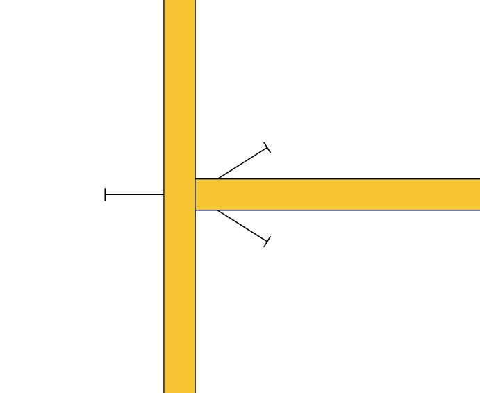 Skiss uppifrån av gula balkar som korsar varandra med måttmarkeringar.