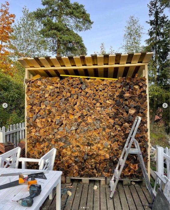 Ett välstaplat vedskjul fyllt med vedklabbar på en träaltan med verktyg och en stege i förgrunden.