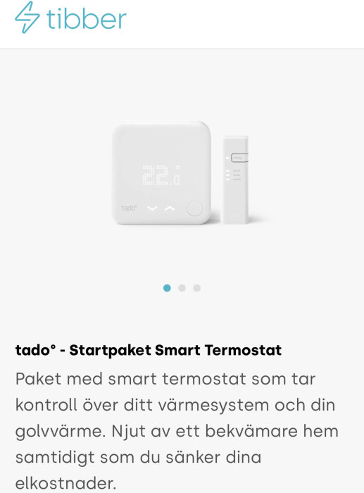 Tado-startpaket för smart termostat med en huvudenhet som visar 22 grader och en mindre kontrollenhet.