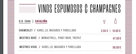 Menysektion för "VINOS ESPUMOSOS & CHAMPANES" med tre olika vinsorter och priser.