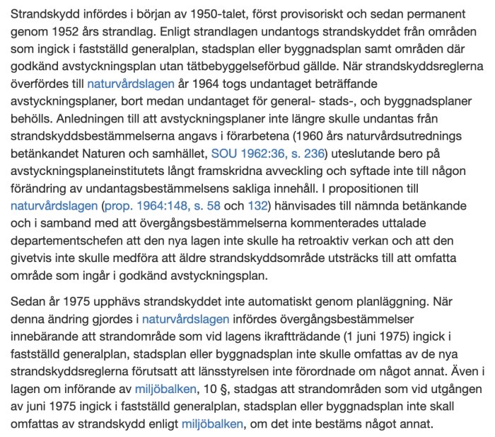 Skärmbild av en text som beskriver historia och lagtext kring strandskydd, inklusive hänvisningar till rättsdokument.