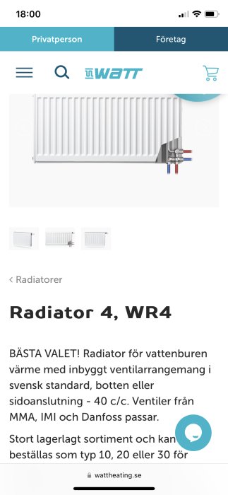 Radiator med inbyggt ventilarrangemang och anslutningar i nederkant, visad i en webbutik.