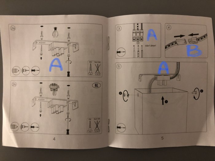 Elektrisk installationsmanual med markeringar A och B som visar anslutningar för skyddsjord.