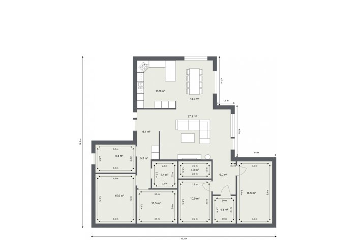 Arkitektonisk ritning av en enplansvilla med måttangivelser för varje rum.