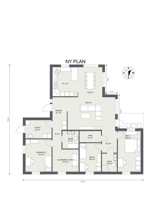 Ritning av en våningsplan med märkning av rum och storlekar, betecknad "NY PLAN".