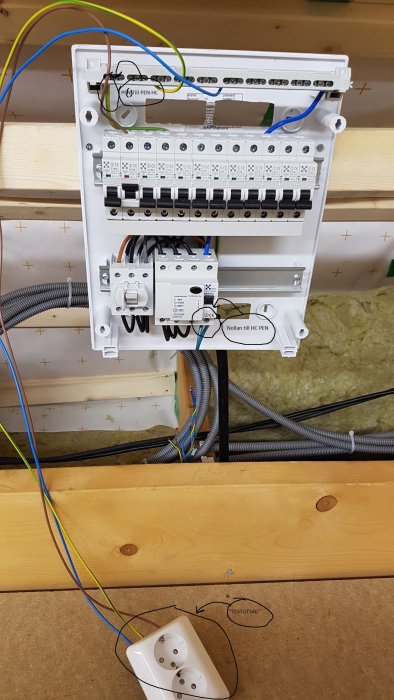 Elcentral med säkringar och jordfelsbrytare under installation, inklusive oanslutet vägguttag.