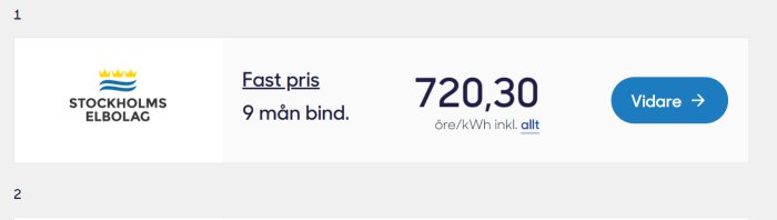 Reklambild för Stockholms Elbolag med erbjudande om fast pris på el, 720,30 öre/kWh med 9 månaders bindningstid.