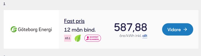 Elavtal från Göteborg Energi med fast pris på 587,88 öre/kWh i 12 månader och Schysst Elhandel-märkning.