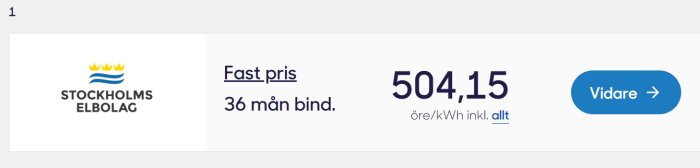 Stockholms Elbolag logo med erbjudande om fast elpris på 504,15 öre/kWh inklusive allt för 36 månader.