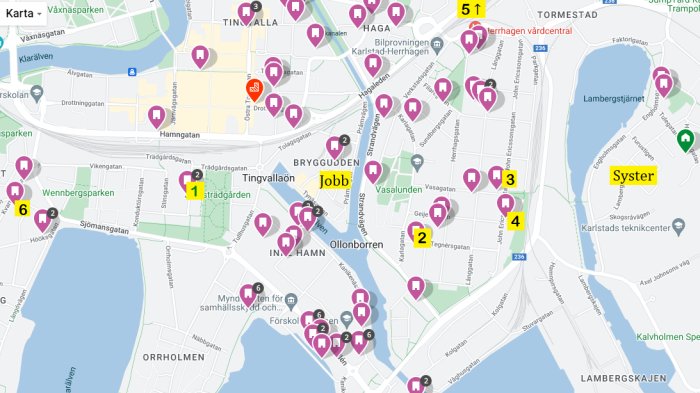 Karta över Karlstad som visar placering av lägenheter till salu, jobb och systrars lägenhet med numrerade markeringar.