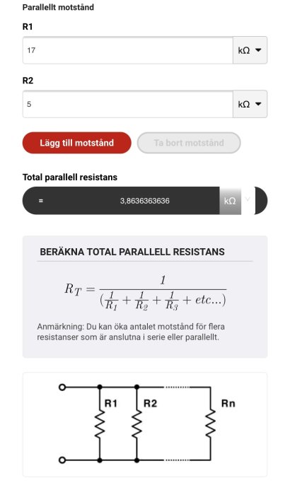 Skärmdump av kalkylator för total parallell resistans med värden 17 kohm och 5 kohm inmatade, och en formelillustration.