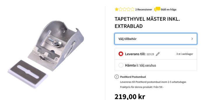 Metallisk tapethyvel med extra blad bredvid, visad mot vit bakgrund.