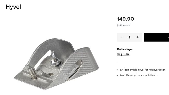 Metallhyvel för hobbyarbeten med utbytbart specialblad, visas mot vit bakgrund.