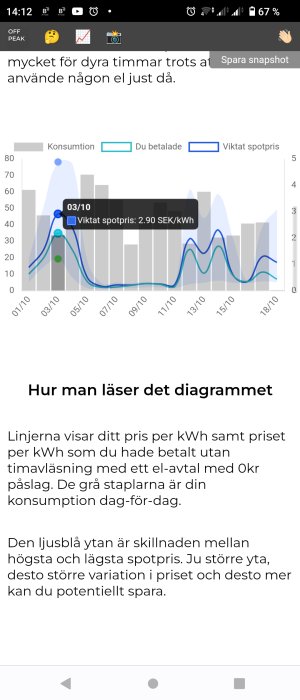 Graf över elkonsumtion och elpriser med beskrivning av hur man läser diagrammet.