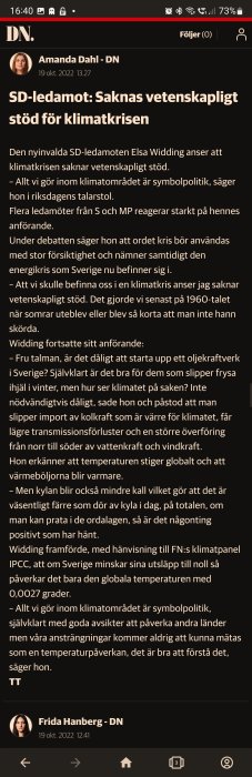 Skärmdump av en artikel på DN med rubriken "SD-ledamot: Saknas vetenskapligt stöd för klimatkrisen".