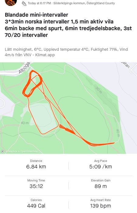 Kartskärm med löprutt markerad i orange, visar intervallpass på 6,84 km med tid och statistik.