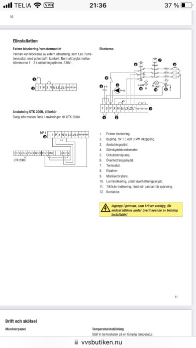 Elektriskt kopplingsschema och instruktioner för anslutning av rumstermostat och tillbehör till en panna.