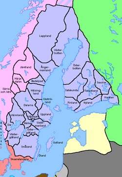 Karta över historiska svenska landskap ca 1560 med färgkodade områden och namn som Västerbotten och Österbotten.