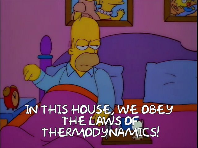 Homer Simpson sitter i sängen och uttalar sig om termodynamikens lagar.