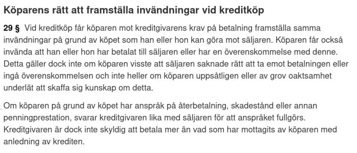 Skärmbild av del av konsumentkreditlagen med texten om köparens rätt att invända vid kreditköp från lagen.nu.