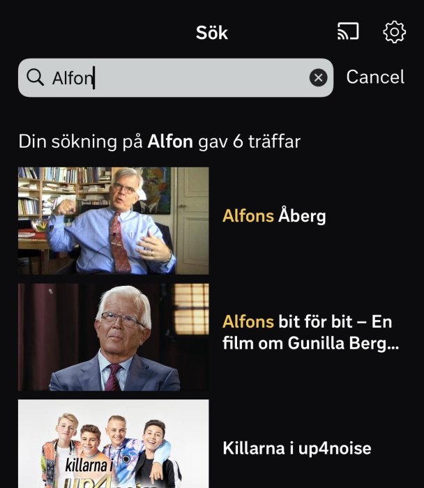 Skärmdump av en sökning på "Alfon" som visar olika sökresultat med bilder och titlar.