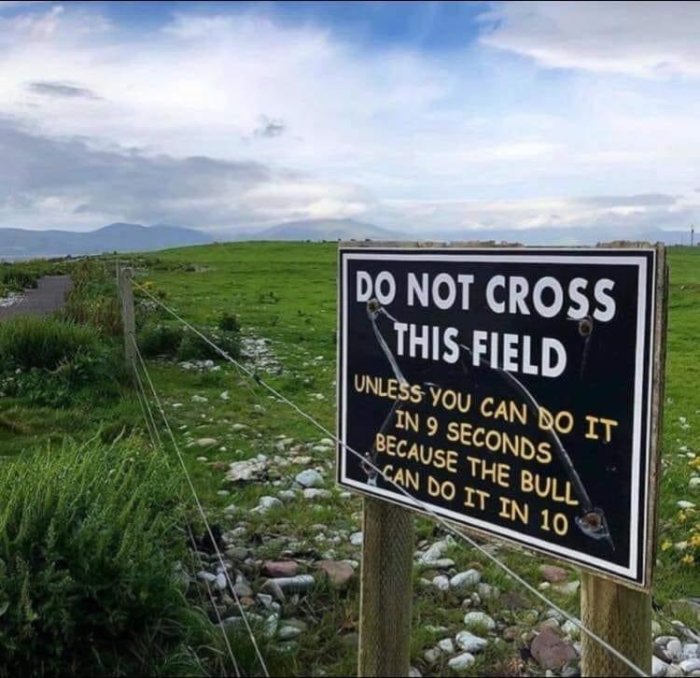 Skylt med text "Do not cross this field unless you can do it in 9 seconds because the bull can do it in 10" på en äng.