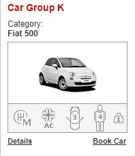 Vit Fiat 500 med ikoner för manuell växellåda, AC, passagerarantal och bagage.