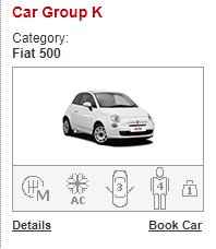 Vit Fiat 500 med ikoner för manuell växellåda, AC, passagerarantal och bagage.