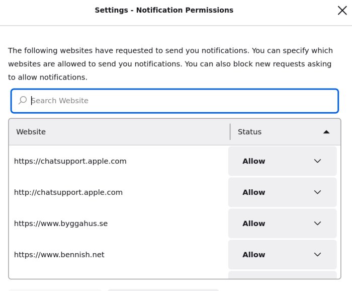 Skärmdump av notifikationsinställningar med tillåtna webbplatser, inklusive Byggahus och Bennish.net.