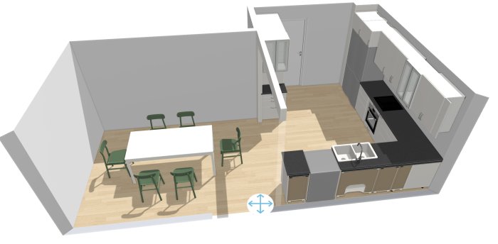 3D-ritning av ett parallellkök med halvö och matsalsdel, högskåp längs en vägg, inget skåp vid entré.