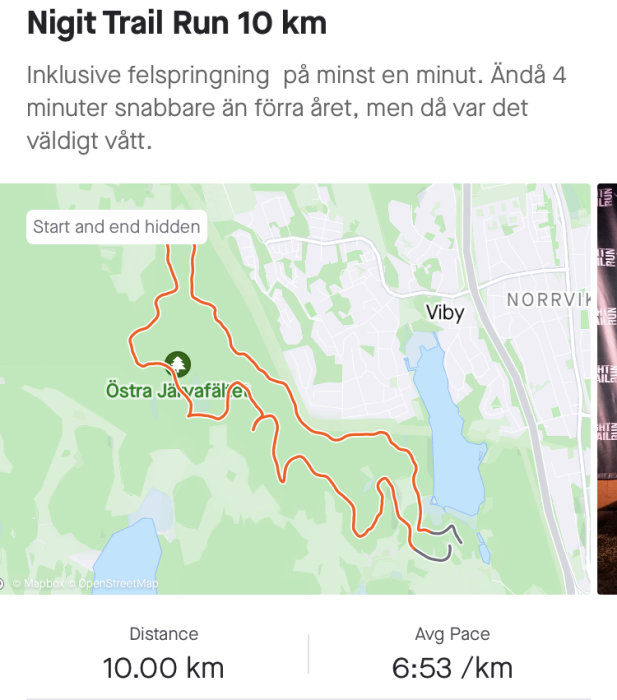 Kartskärmklipp som visar en 10 km lång löprunda i Östra Järvafältet, med gömd start och slutpunkt.