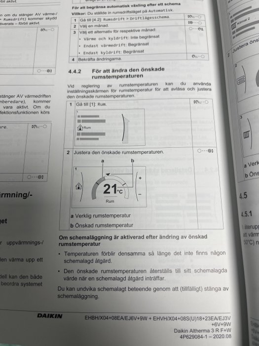 Öppen manual om att ändra rumstemperatur med diagram och instruktioner, sida visar inställningsruta för 21 grader Celsius.