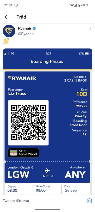 Skärmdump av Ryanair mobil boardingkort med prioritet för två kabinväskor.